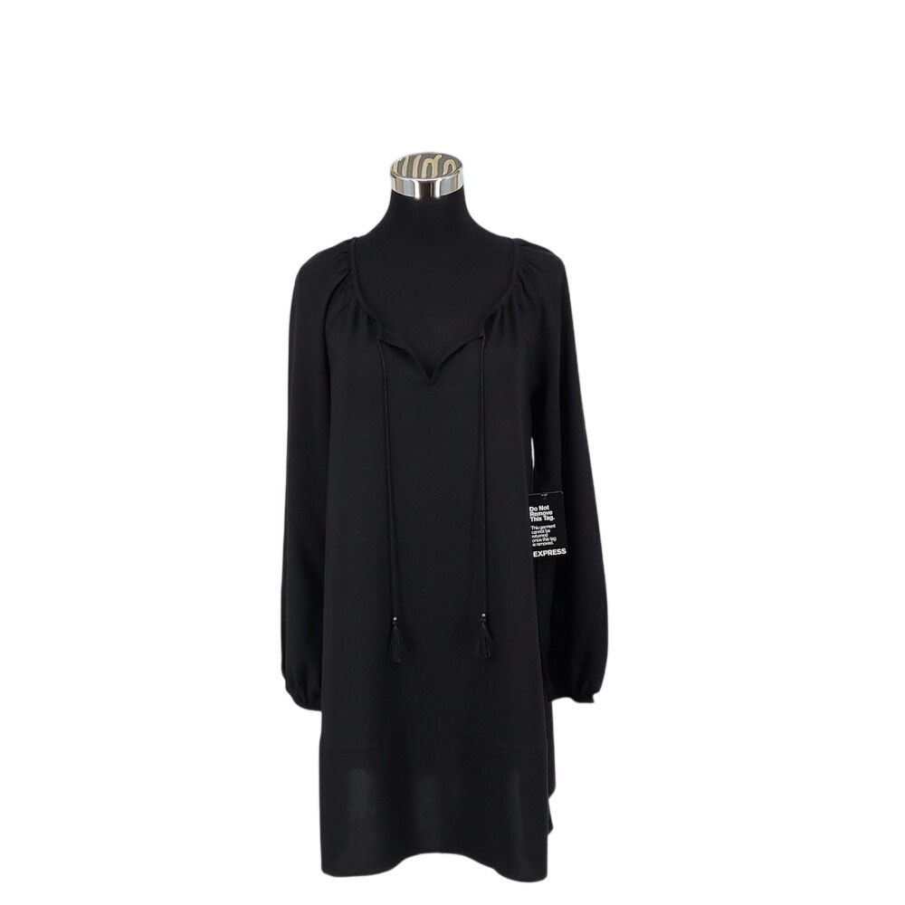 Express‎ Black Long Sleeve Tassel Tie V-Neck Shift Dress Small S/P NEW